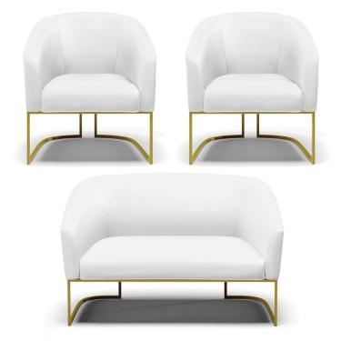 Imagem de Sofá Namoradeira E 2 Poltronas Base Industrial Dourado Stella Corino D03 - D'rossi Cor Branco