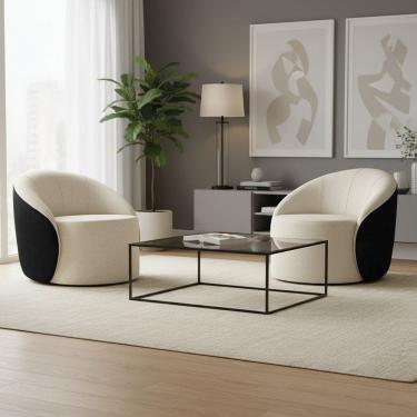 Imagem de Poltrona Sala Orgânica Kit 2 Lua Fixa Sintético PU Preto/Linho D03 - D`Rossi