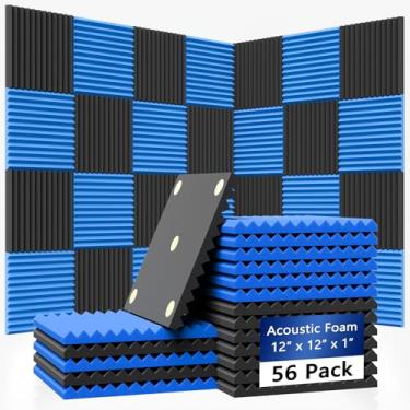 Imagem de Temgcuam Placa de absorção de som, placa de espuma acústica de 2,5 cm x 30,5 cm x 30,5 cm, azulejo de cunha de estúdio, forro de espuma acústica cunha de painel acústico (24 peças preto + 24 peças azuis)