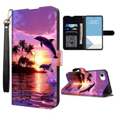 Imagem de WZCJDHMJ Capa carteira para iPhone 16e 2025 com suporte para cartão de crédito alça de pulso destacável, capa de telefone flip magnética de couro PU 6,1 polegadas - golfinho pôr do sol