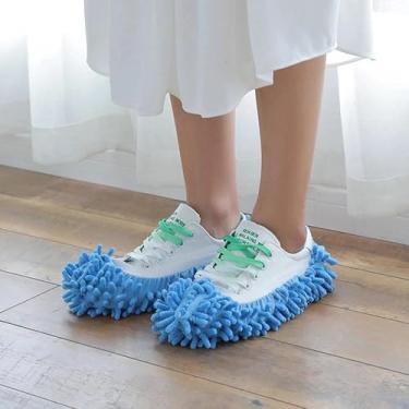 Imagem de 1 par de chinelos de microfibra para limpeza de esfregão doméstico, ferramentas de limpeza de chão, capas de sapato, macias e reutilizáveis (azul)