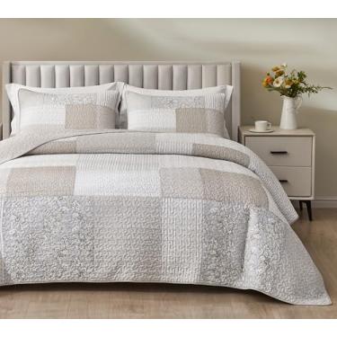 Imagem de Chezmoi Collection Quinn Conjunto de colcha de retalhos com 3 peças neutro cinza cinza branco floral hibisco flor doce listras retalhos - colcha de algodão pré-lavada - colcha reversível leve, tamanho