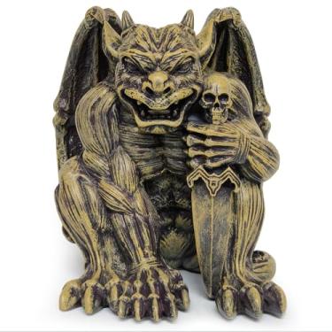 Imagem de qumHmup Estátua de gárgula de resina com asas intrincadas e caveira demoníaca, interior exterior, pátio, jardim, quintal, Halloween, decoração de casa