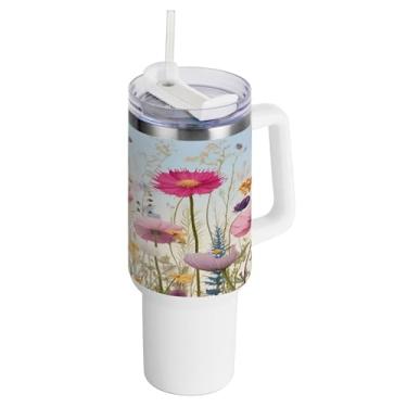 Imagem de xigua Copo vintage de flores silvestres de 1,134 g com alça e canudo, aço inoxidável duplo isolado a vácuo garrafa de água suporte de copo de garrafa de água amigável à prova de vazamento copo de