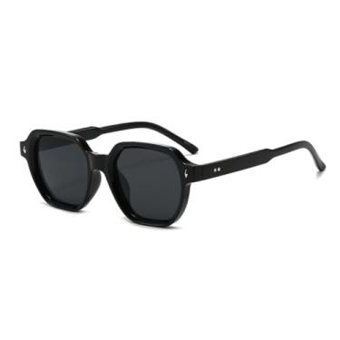 Imagem de HCHES Óculos de Sol Femininos com Rebites, Formato Hexagonal, Estilo Retrô Casual, Proteção UV400 (Preto)