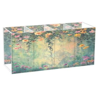 Imagem de SEHANY Porta-canetas de parede vintage de jardim para mesa, 4 compartimentos, porta-lápis de acrílico, organizador de pincéis de maquiagem, organizador de papelaria para escritório, casa
