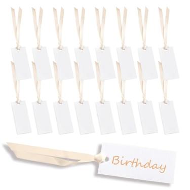 Imagem de 100 cartões de nome em branco com fita marrom claro, cartões de nome de mesa de 4 x 9 cm, placas de configuração de lugar, placa de assento para banquete, casamento, jantar, cerimônia, cadeira