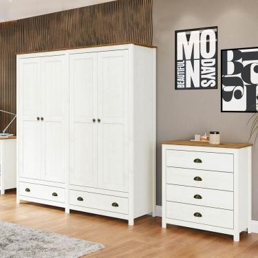 Imagem de Conjunto Quarto: Guarda-roupa 4 Portas, Cômoda 4 Gavetas Branco/freijó Topázio Madeira Pinus - Finestra