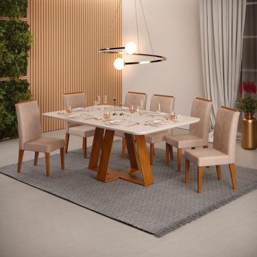 Imagem de Conjunto Sala De Jantar Mesa Com 6 Cadeiras Tampo Curvo 160cm Kiara Freijó/off White Yasmin Veludo Kraft - Dj Móveis