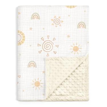 Imagem de Cobertores de bebê Sun para meninos e meninas, cobertores macios para berçário com musselina e lã pontilhada nas costas 76 x 101 cm, colcha de cama para recém-nascidos, bebês e crianças pequenas