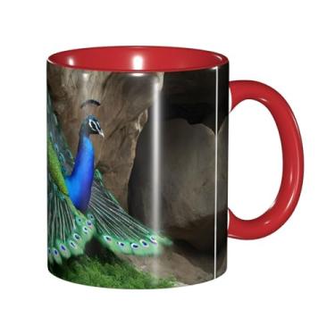 Imagem de Canecas de café criativas com impressão de penas de pavão verde, personalizadas, presente para família, tamanho de 325 ml, unissex