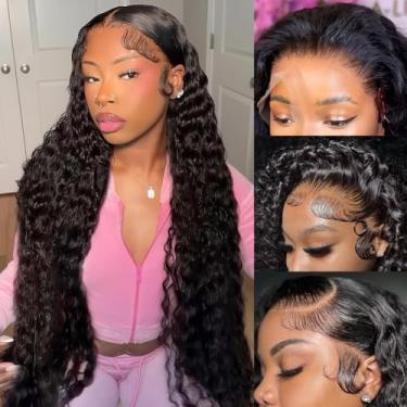 Imagem de Wingirl Perucas frontais onduladas profundas 33 x 15 cm de cabelo humano pré-arrancadas densidade 180 HD perucas frontais com cabelo de bebê para mulheres 71 cm sem cola cor preta natural