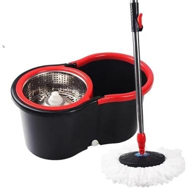 Imagem de Mop Desaguador AutomáTico GiratóRio 360° Cabo AçO Inox Cesto AçO Inox Com Balde(Inox Azul) (Plástico Preta)