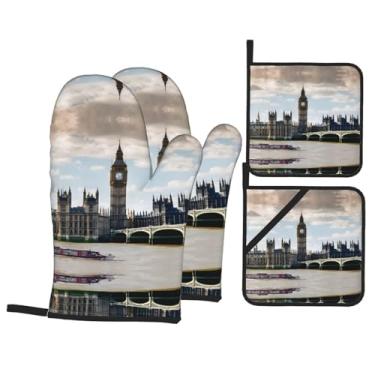 Imagem de London - Conjunto de luvas de cozinha estampadas com suportes de tampa, luvas de forno resistentes ao calor para manusear panelas quentes, grelhar, churrascos, kit de 4 peças.