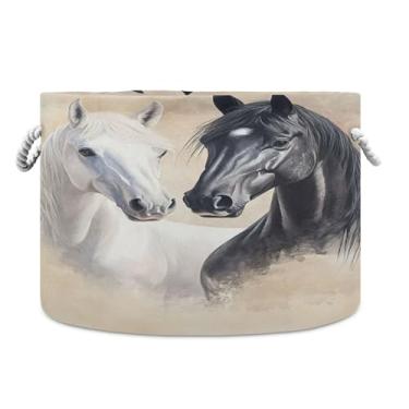 Imagem de Burbuja Cesta de armazenamento redonda de cavalo preto branco com alças de corda de algodão, cesta de lavanderia para cobertores, brinquedos, berçário, decoração de sala de estar