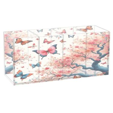 Imagem de Burbuja Porta-canetas de acrílico Butterflies Trees com 4 compartimentos, suporte de lápis transparente para pincéis de maquiagem, acessórios de mesa de escritório em casa