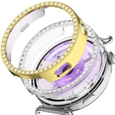 Imagem de DEALELE [Pacote com 2 capas compatíveis com Huawei Watch GT5 de 41 mm, capa protetora de policarbonato com strass brilhante e diamante para reposição para relógio para mulheres e homens (dourado +