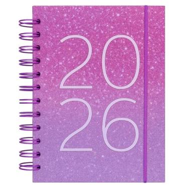 Imagem de Agenda Diária 2026 Glitter Degradê Lilás e Rosa Capa Dura Planner Semanal Espiral 336 Páginas 14 x 19 cm Organizador Pessoal com Calendário