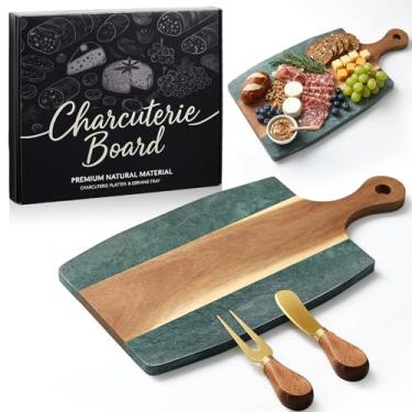 Imagem de Ziliny Conjunto de tábua de charcutaria de madeira de mármore e acácia, conjunto de presente de prato de madeira e mármore, tábua de corte para queijo, frutas, presente para casamentos, inaugurações