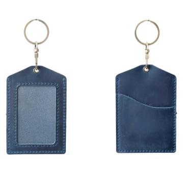 Imagem de Porta-crachá de identificação de couro legítimo, suporte vertical de couro de grão superior com chaveiro de metal dourado (azul)