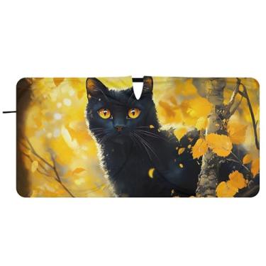 Imagem de Persiana de sol de floresta amarela de gato preto personalizado para para-brisa de carro dobrável para-brisa frontal floral animal, 76 cm x 149 cm