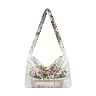 Imagem de GAIGEO Bolsa de ombro feminina quadrada geométrica preta vermelha para filhotes de cachorro, bolsa de ombro com bolso, bolsas de outono, Banheira borboleta com flores vintage, One Size
