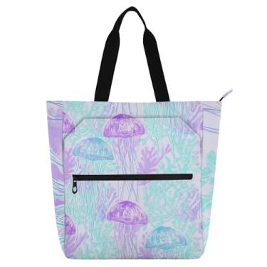 Imagem de GAIGEO Bolsa de trabalho pastel de água-viva roxa azul para mulheres, bolsa de lona para livros de praia com zíper, bolsas de professores com compartimentos