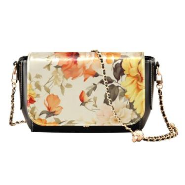 Imagem de Bolsa transversal floral laranja e amarela em couro bege com aba, bolsas de ombro femininas tamanho médio, Laranja floral e amarelo em bege - 4, One Size