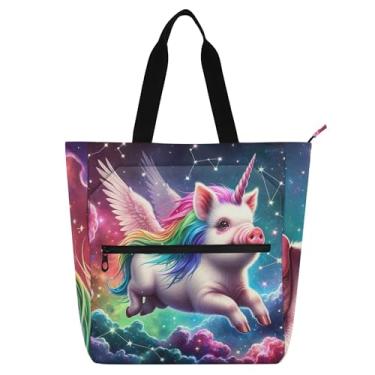 Imagem de Fantastic Unicorn Pig Galaxy Bolsas de trabalho para mulheres, bolsa de lona com zíper, bolsa de praia feminina infantil com compartimentos