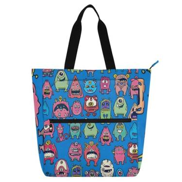 Imagem de GAIGEO Sacola azul de monstros bonitos de desenho animado para mulheres, trabalho, lona, praia, escola, bolsas para professores, amantes de livros