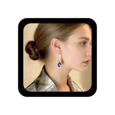 Imagem de Ximdble Brincos vintage de safira azul cristal brincos de safira boho quadrado pingente ouro zircônia strass azul gancho joia para mulheres, Zinco, Sem pedra preciosa