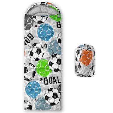 Imagem de AILONEN Saco de dormir com tema esportivo de futebol grafite para crianças, meninas, clima quente e frio, leve, mochila à prova d'água, saco de dormir para acampamento