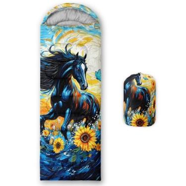 Imagem de AILONEN Sacos de dormir Dark Horse e girassóis para adultos e crianças, 3 estações de clima frio e quente, acampamento à prova d'água - Sacos de dormir leves para acampamento, caminhadas, viagens ao