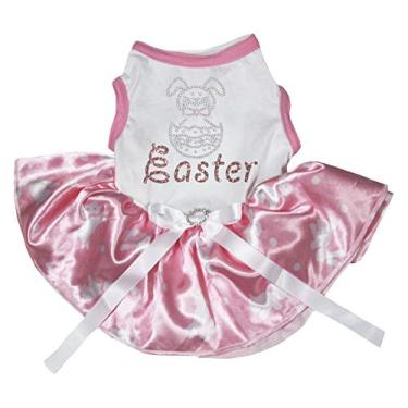 Imagem de Petitebella Roupa para filhotes de cachorro vestido coelho ovo páscoa branco top coelho bolinhas rosa tutu (3GG)