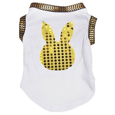 Imagem de Petitebella Roupas para filhotes de cachorro vestido de coelho brilhante dourado Chervon camiseta branca (XGG, branco)