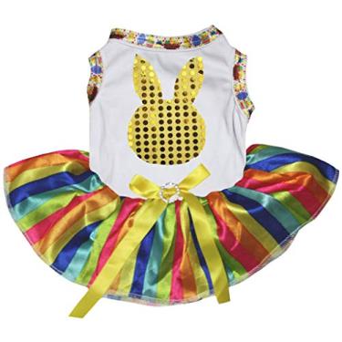 Imagem de Petitebella Vestido de cachorro tutu listrado com estampa de coelho amarelo e lantejoulas (branco/listrado arco-íris, GG)