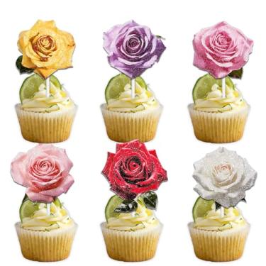 Imagem de 18 peças de enfeite de cupcake rosa artificial colorido com glitter, tema de licença, casamento, noivado, aniversário, decoração para homens, mulheres, artigos de decoração de feliz aniversário