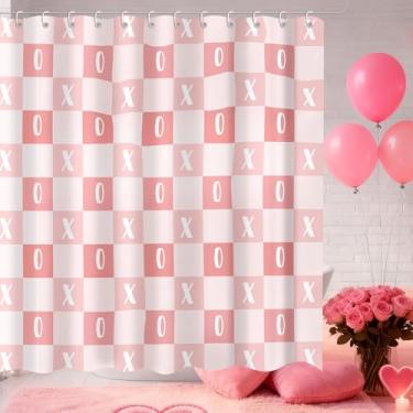 Imagem de Moutina Cortina de chuveiro xadrez Coquete dos Namorados, conjunto de cortina de banheiro rosa para decoração do dia dos namorados - Tecido de poliéster impermeável com ganchos 182 x 182 cm