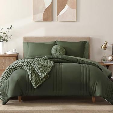 Imagem de Monbix Conjunto de edredom tamanho king extragrande, 7 peças, verde-oliva em uma bolsa, conjunto de cama king extragrande com edredom, todas as estações, conjunto de cama com lençóis, fronhas e