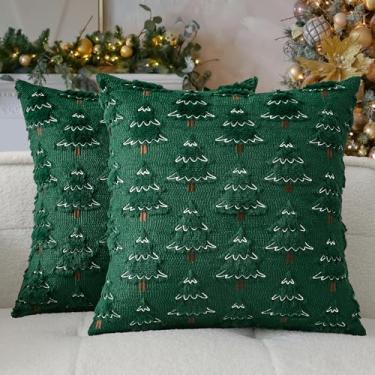 Imagem de Kevin Textile Capa de almofada de árvore de Natal 45,7 x 45,7 cm Conjunto de 2 fronhas de pelúcia macia com bordado de neve branca para sofá, sofá, festivais, presente de Natal de inverno, verde