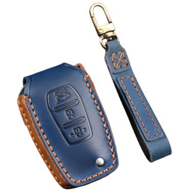 Imagem de Capa protetora de capa de chave de carro inteligente de couro feita à mão compatível com Ssangyong Tivoli/Rexton/Korando C 2015 2016 3 botões chave fob shell(Blue Key B(Trunk))