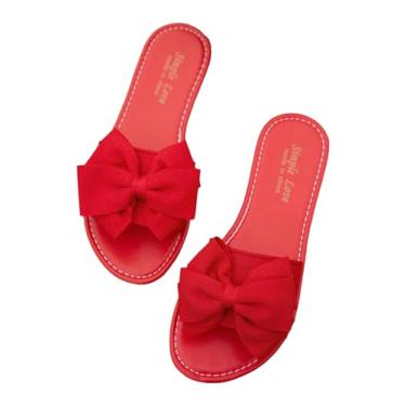Imagem de GORGLITTER Sandálias femininas com laço elegantes para o verão, bico aberto, sem cadarço, para férias, praia, sandálias rasteiras, Vermelho, 38