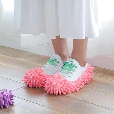 Imagem de 2 pares de chinelos de esfregão - chinelos de limpeza de chão - ferramentas de limpeza de microfibra macias, laváveis e reutilizáveis (rosa)