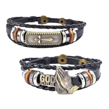Imagem de Wtingber Pulseira colorida decorativa com cruz cristã ajustável feita à mão, de 2 peças, adequada para homens e mulheres