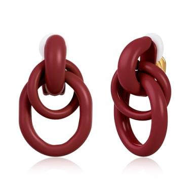 Imagem de Brincos de pressão grossos vermelho vinho para mulheres, brincos grandes de elos torcidos com clipe na moda, joia de presente