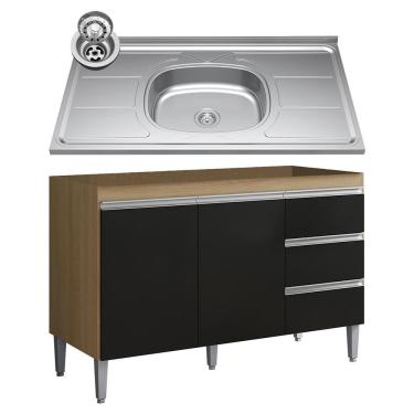 Imagem de Balcão De Cozinha Com Pia Inox 100cm 3 Gavetas Andréia Amêndoa-preto - Ajl Móveis