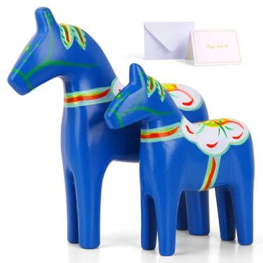 Imagem de GUMQDD Conjunto de 2 estatuetas de cavalo Dala de madeira suecas pintadas à mão 23,9 cm/16 cm, presentes de cavalo dala, adequado para sala de estar familiar e decoração de casa (azul)