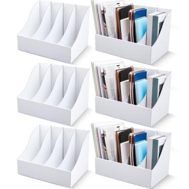 Imagem de Fiwochic Pacote com 6 suportes de arquivo de revistas de papelão, 27 x 26 x 35 cm, caixa de armazenamento de documentos verticais de quatro grades para prateleiras de mesa, escritório em casa (branco)