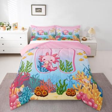 Imagem de Erosebridal Jogo de cama solteiro com estampa de Axolotl fofo, desenho animado rosa e azul, letra H, desenho kawaii, animal do oceano, salamandra, alfabético, para crianças, adolescentes e adultos