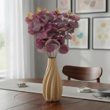 Imagem de Arranjo de Eucalipto Vermelho Artificial 45cm com Vaso Ondulado – Decoração Sofisticada para Casa e Escritório (Areia)